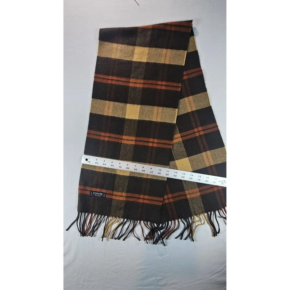 Vintage Cashmaire Plaid Scarf‎ Brown Tan Orange 100% Acrylic Made Japan
